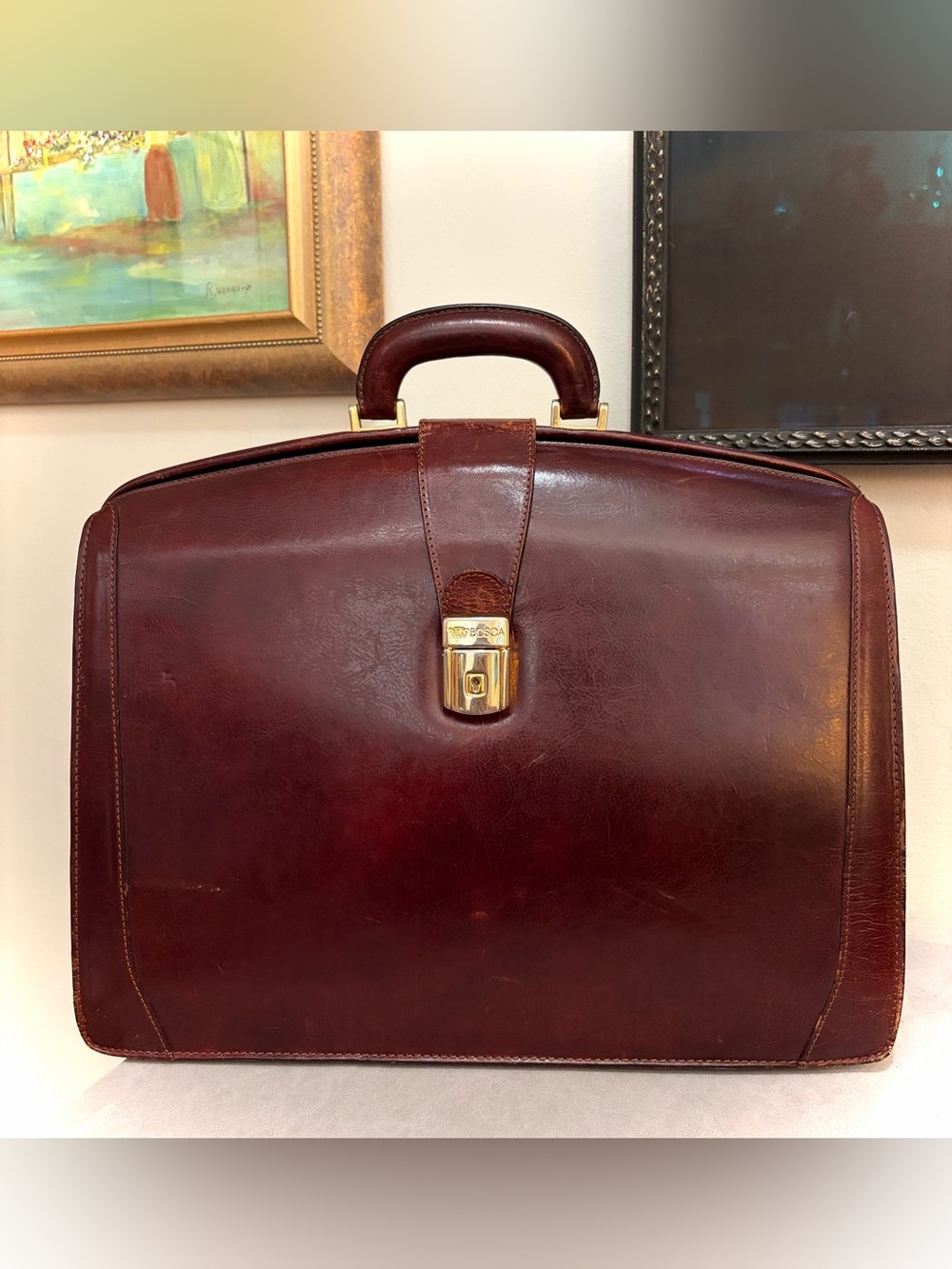 Classic Bosca Men's Leather Briefcase in Dark Brown / Burgandy with Brass Lock